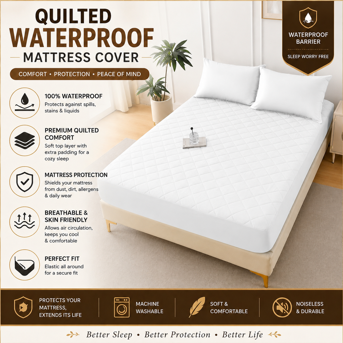 cotton Waterproof Quilted Mattress cover-white