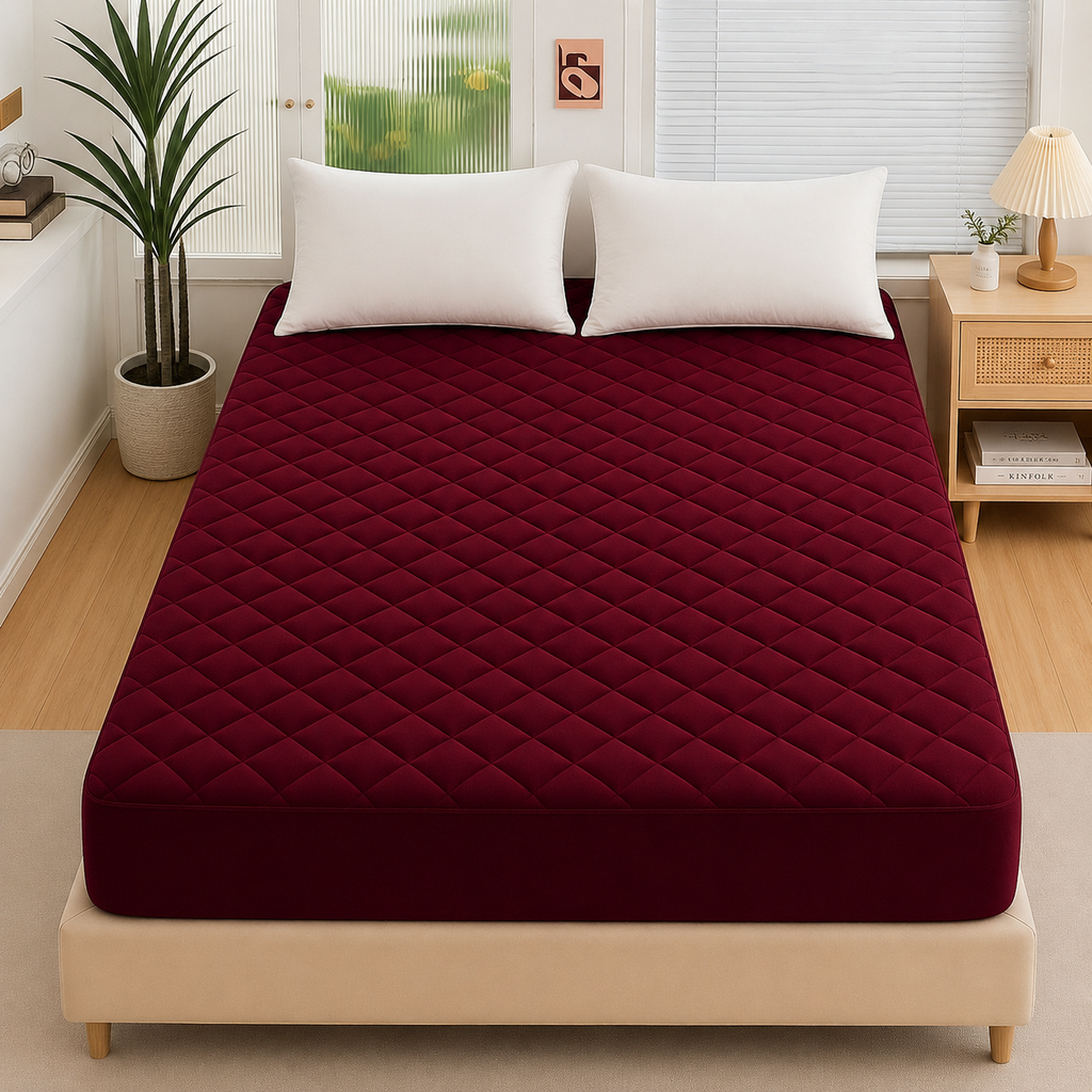cotton Waterproof Quilted Mattress cover-Mehroon