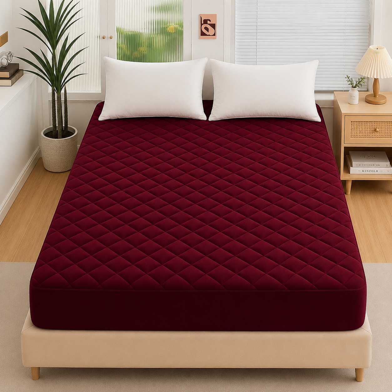 cotton Waterproof Quilted Mattress cover-Mehroon