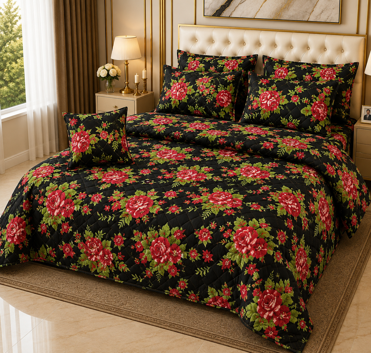 7-Piece Quilted Comforter Set with Cushions and Bedsheets