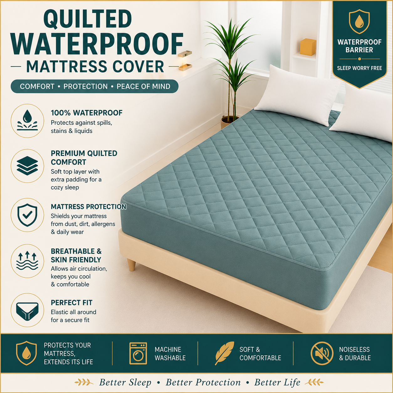 cotton Waterproof Quilted Mattress cover-see green