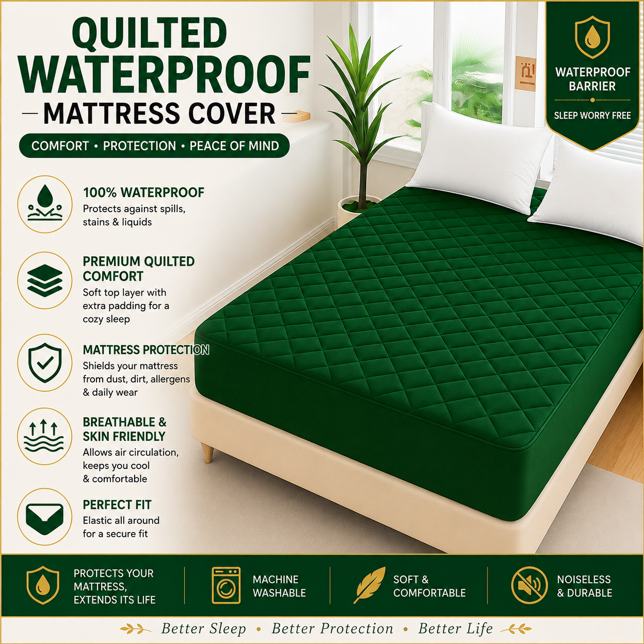 cotton Waterproof Quilted Mattress cover-green