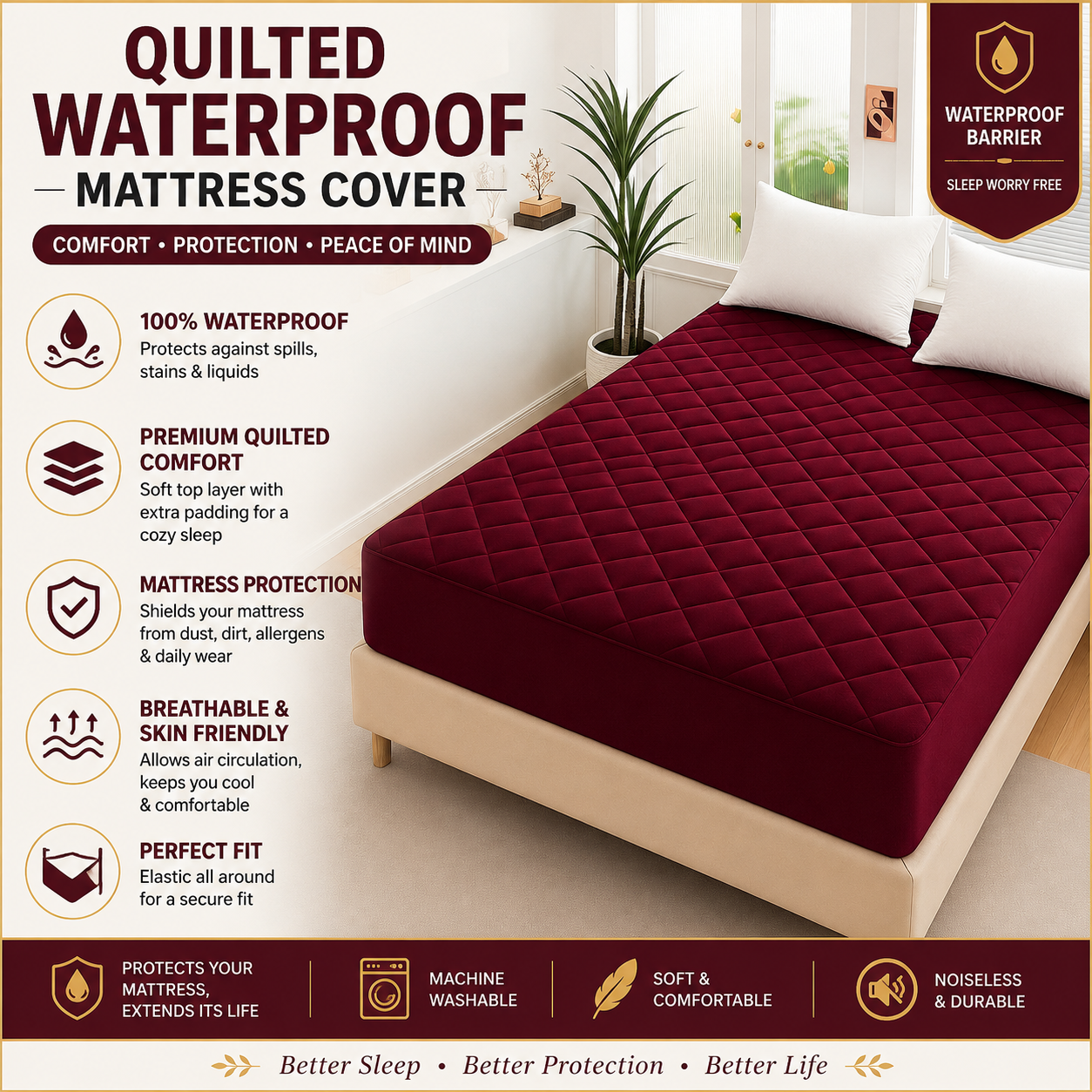 cotton Waterproof Quilted Mattress cover-Mehroon