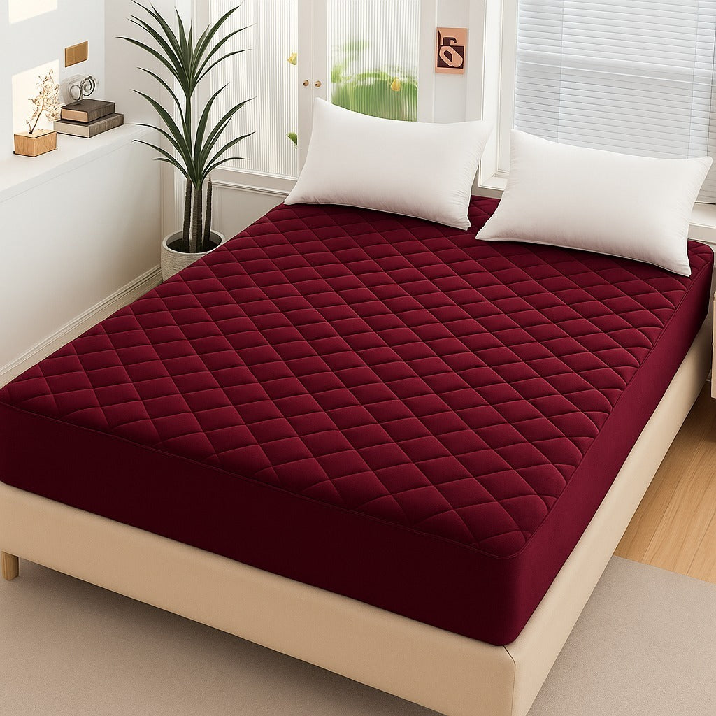 cotton Waterproof Quilted Mattress cover-Mehroon