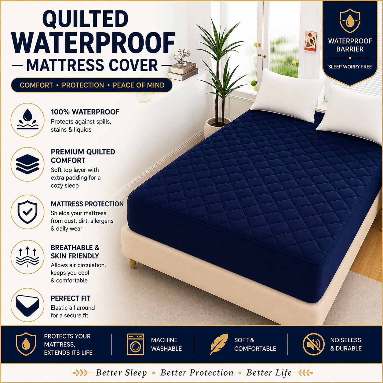 cotton Waterproof Quilted Mattress cover-navy