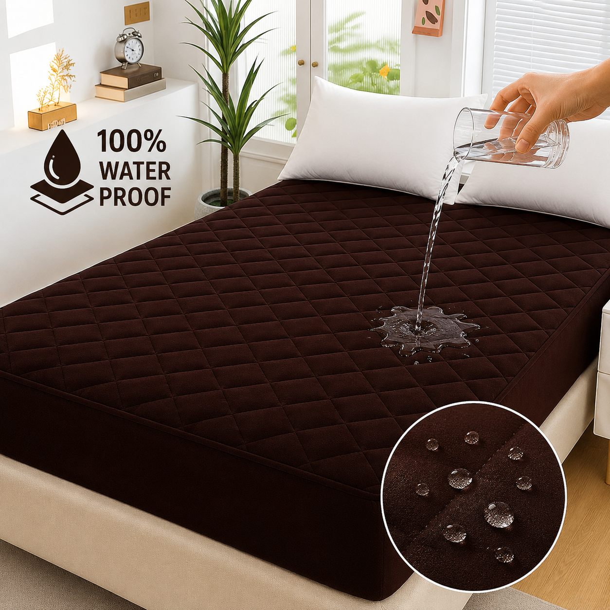 cotton Waterproof Quilted Mattress cover-brown