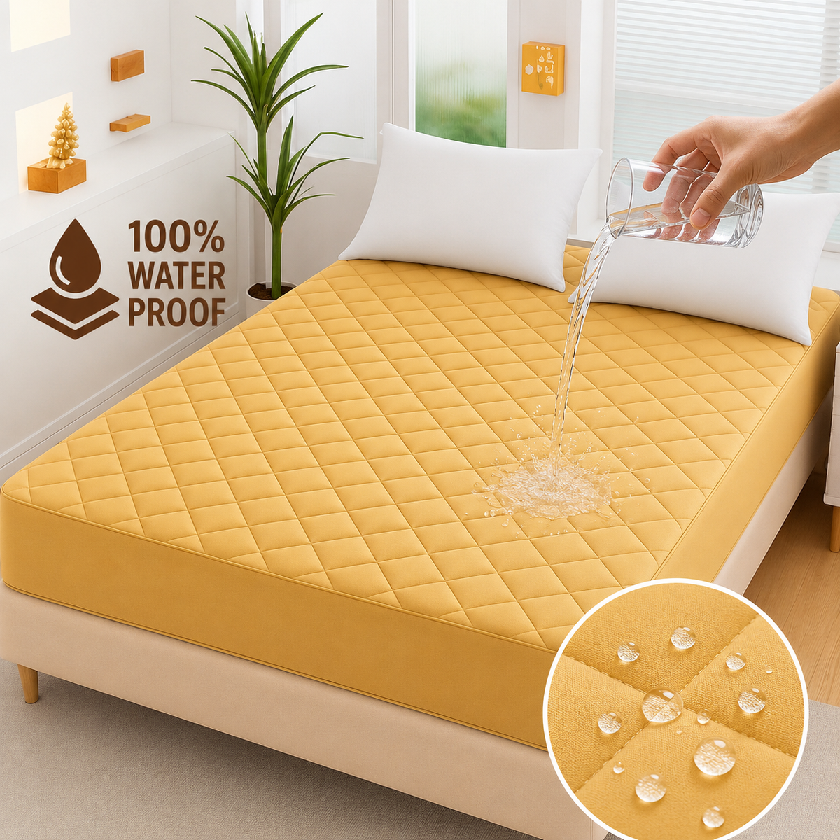 cotton Waterproof Quilted Mattress cover-yellow