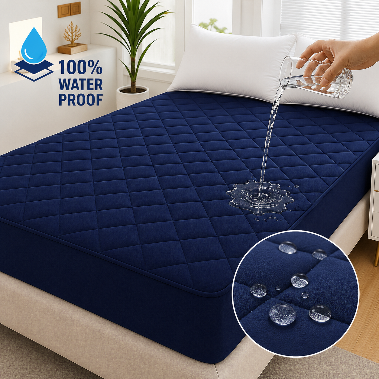 cotton Waterproof Quilted Mattress cover-navy